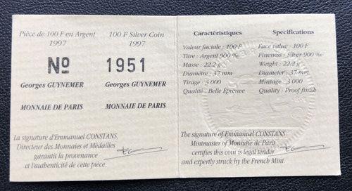 100 франків 1997 року,  «80-річчя з дня смерті Жоржа Гінемера» , Франція, Proof 100 франків 1997 року,  «80-річчя з дня смерті Жоржа Гінемера» , Франція, Proof