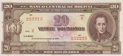 Банкнота 20 Болівіано 1945 рік, Болівія, UNC