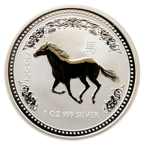 Срібна монета з позолотою 1 долар 2002 року. Рік Коня. Австралія. 31,1 грам