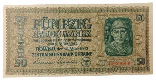 50 карбованців 1942 року. Серія 2 цифри (в/з Гриби) Окупація України XF, №8