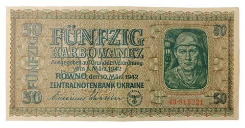 50 карбованців 1942 року. Серія 2 цифри (в/з Гриби) Окупація України XF, №9