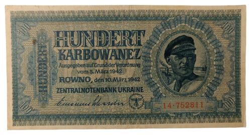 100 карбованців 1942 року. Серія 2 цифри (в/з Гриби) Окупація України XF