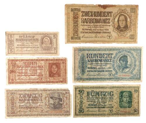 Набір банкнот періоду Німецької окупації 5,10,20,50,100,200 карбованців (рейхскомісаріат "Україна") F №2