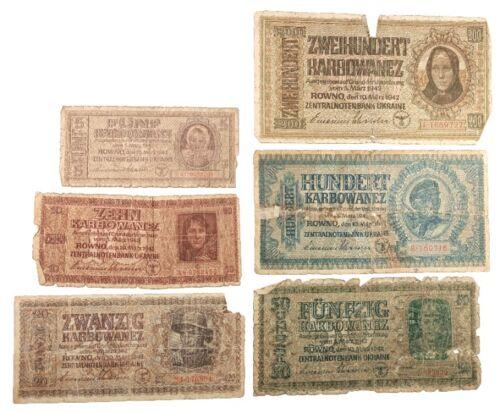 Набір банкнот періоду Німецької окупації 5,10,20,50,100,200 карбованців (рейхскомісаріат "Україна") VG