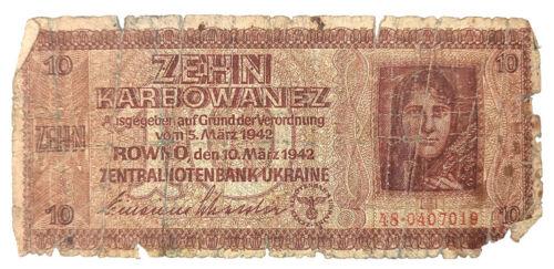 10 карбованців 1942 року. Окупація України, серія 2 цифри, VG