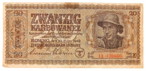 20 карбованців 1942 року. Окупація України, серія 2 цифри, VF, №2